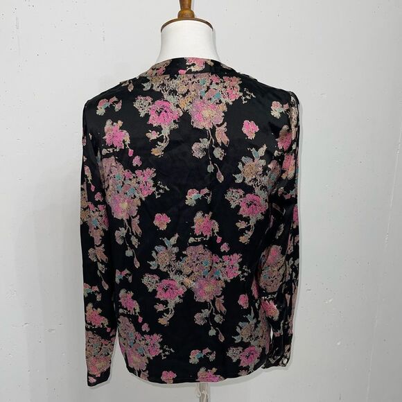 Vintage Black 100% silk pleated tailored floral button down blouse top medium 6 - Picture 5 of 12